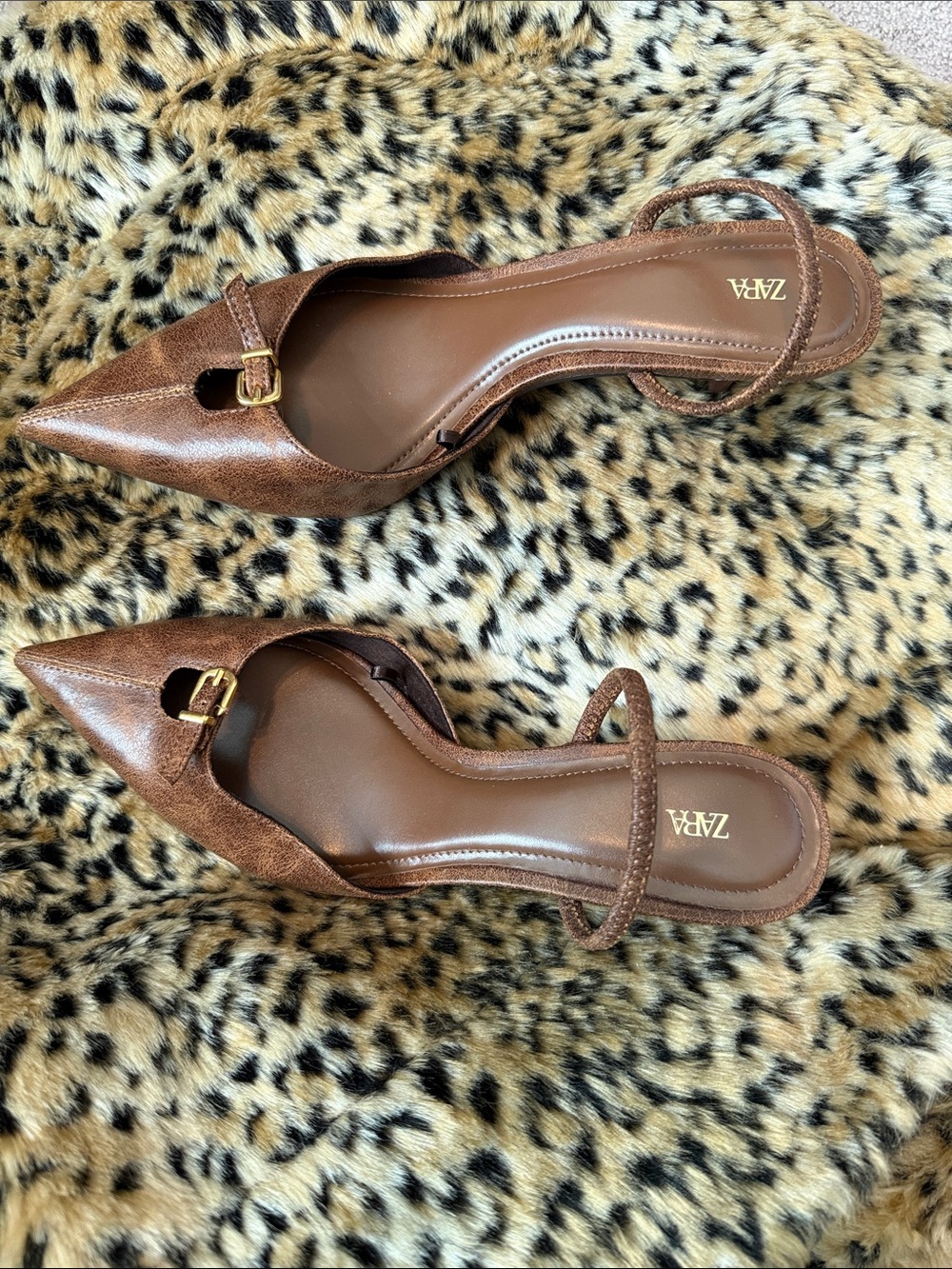 ZARA Brown Metallic Pointed Toe Slingback Mules